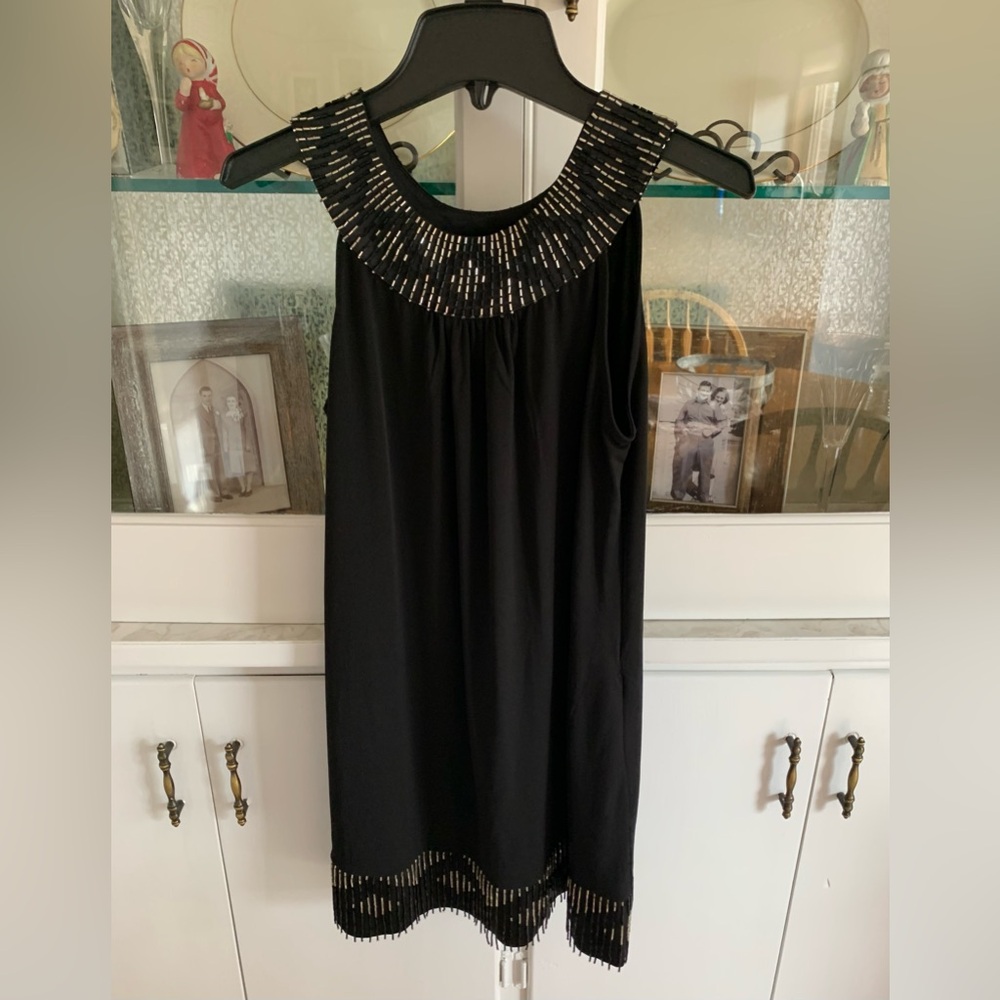 NWT Express Black A-Line Dress w/Beaded Collar and Beaded Fringe size XS.